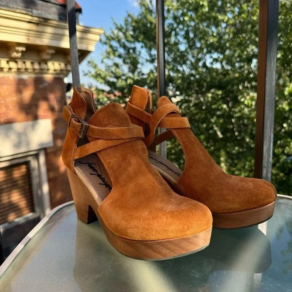 New Free People Cedar Heeled Clogs Suede Brown 8.5 - Picture 7 of 13